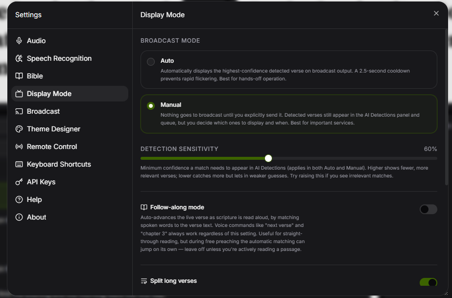 TajiCast Settings showing Broadcast Mode set to Manual and the detection sensitivity slider