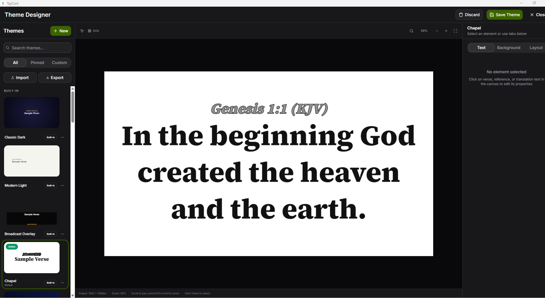 The TajiCast Theme Designer showing a verse on a canvas with text, background and layout controls