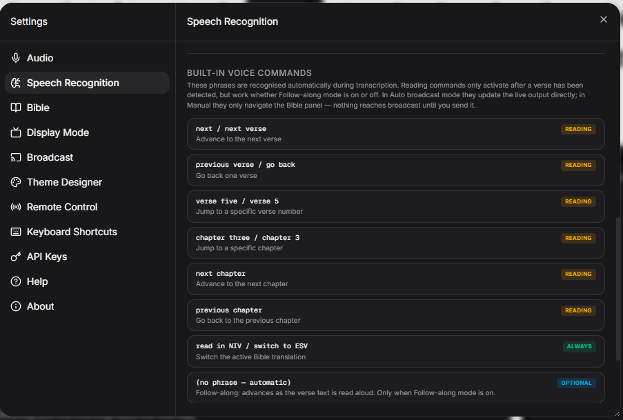 The built-in voice commands list in TajiCast, including next verse, chapter three and read in NIV